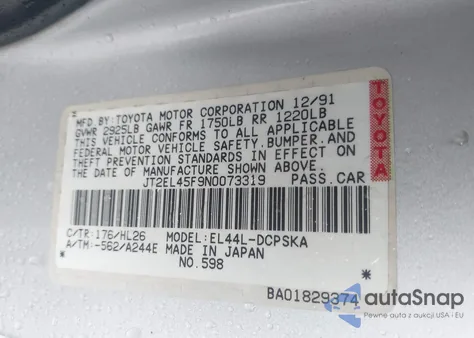 1992 Toyota Paseo z USA, uszkodzony, nr VIN JT2EL45F9N0073319